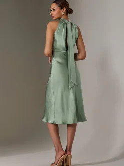 Satin Halter Neck Midi Dress, Green