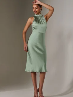 Satin Halter Neck Midi Dress, Green
