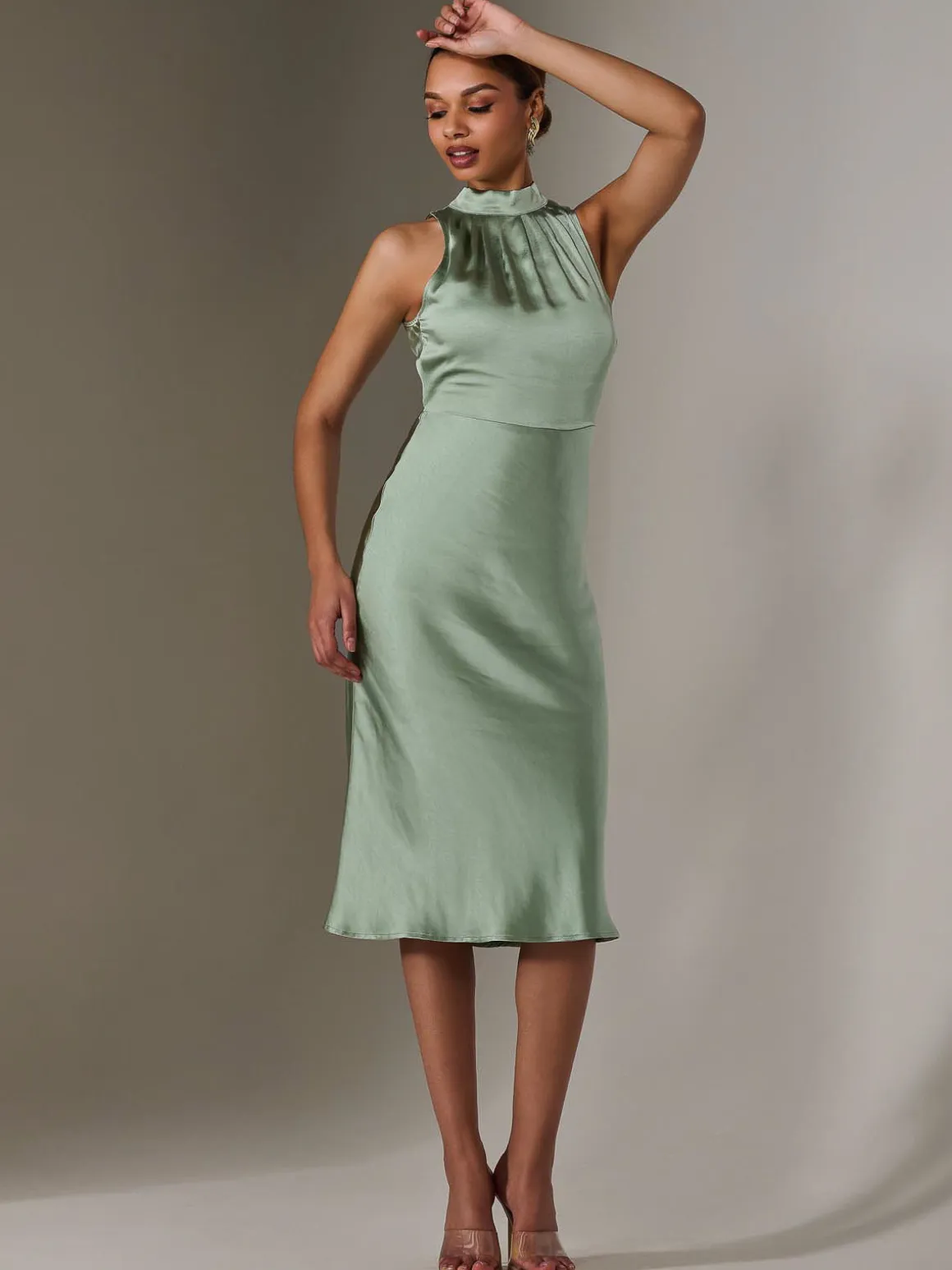 Satin Halter Neck Midi Dress, Green