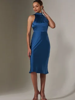 Satin Halter Neck Midi Dress, Navy