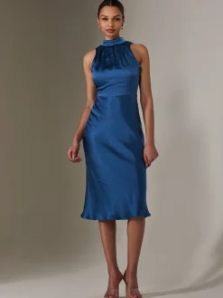 Satin Halter Neck Midi Dress, Navy