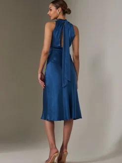 Satin Halter Neck Midi Dress, Navy