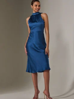 Satin Halter Neck Midi Dress, Navy