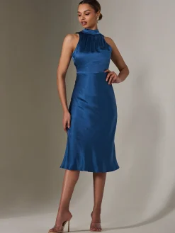 Satin Halter Neck Midi Dress, Navy
