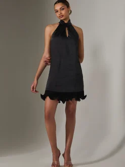 Satin Halterneck Mini Dress, Black