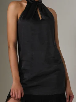 Satin Halterneck Mini Dress, Black
