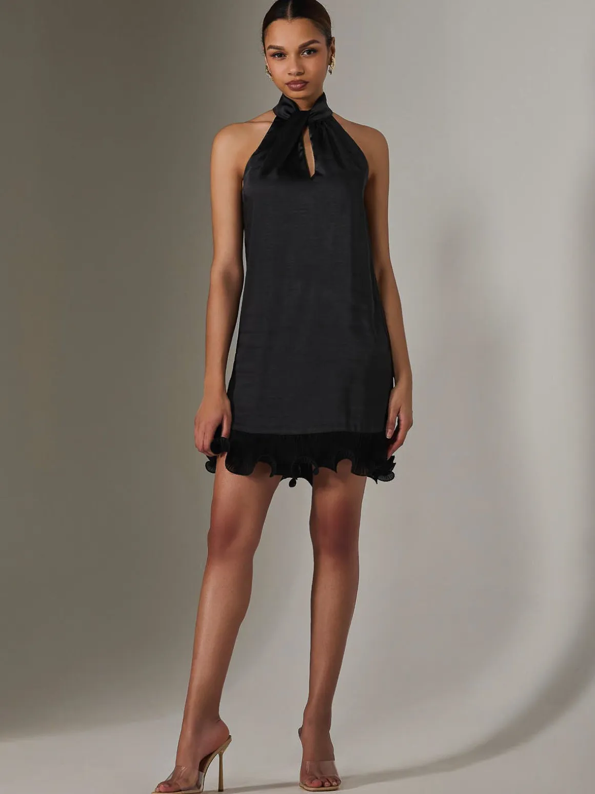 Satin Halterneck Mini Dress, Black