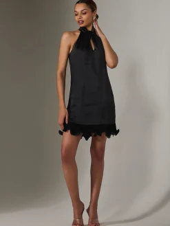 Satin Halterneck Mini Dress, Black