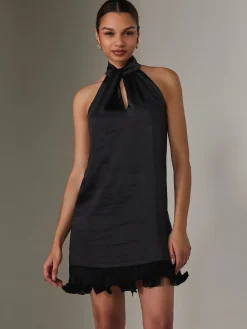 Satin Halterneck Mini Dress, Black