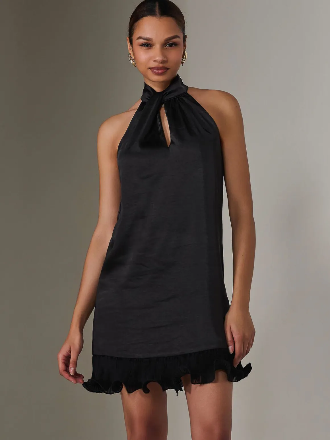 Satin Halterneck Mini Dress, Black