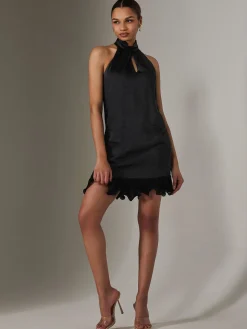 Satin Halterneck Mini Dress, Black