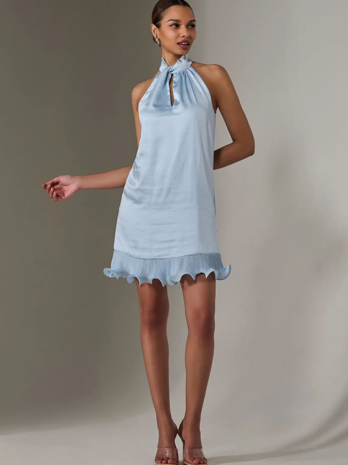 Satin Halterneck Mini Dress, Blue