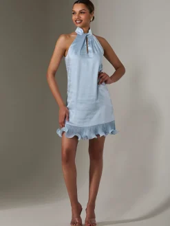 Satin Halterneck Mini Dress, Blue
