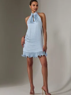 Satin Halterneck Mini Dress, Blue