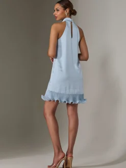 Satin Halterneck Mini Dress, Blue