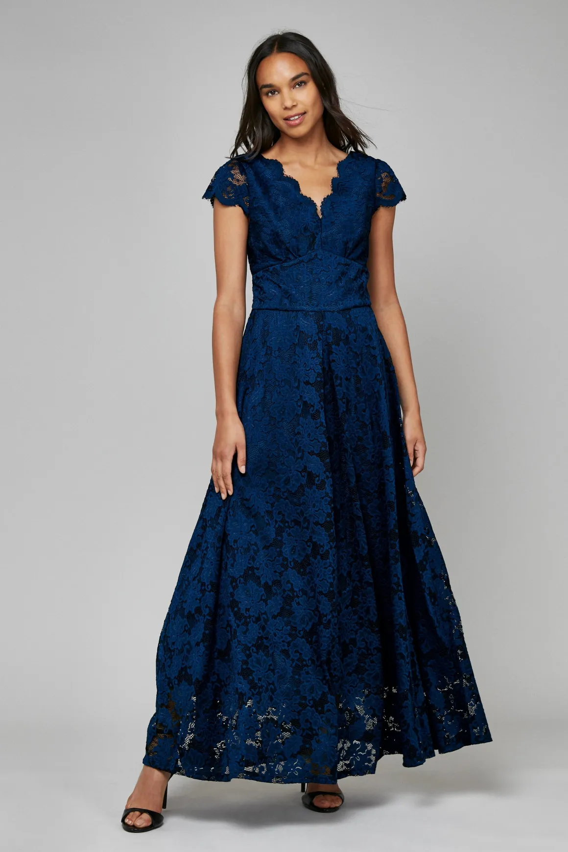 Scallop V-Neck Lace Maxi Dress, Navy