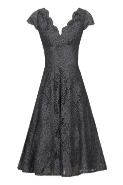 1950s Cap Sleeve Lace Prom Dress, Dark Grey