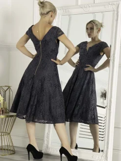 1950s Cap Sleeve Lace Prom Dress, Dark Grey