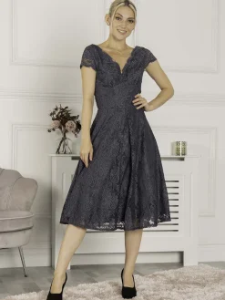 1950s Cap Sleeve Lace Prom Dress, Dark Grey