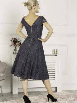 1950s Cap Sleeve Lace Prom Dress, Dark Grey