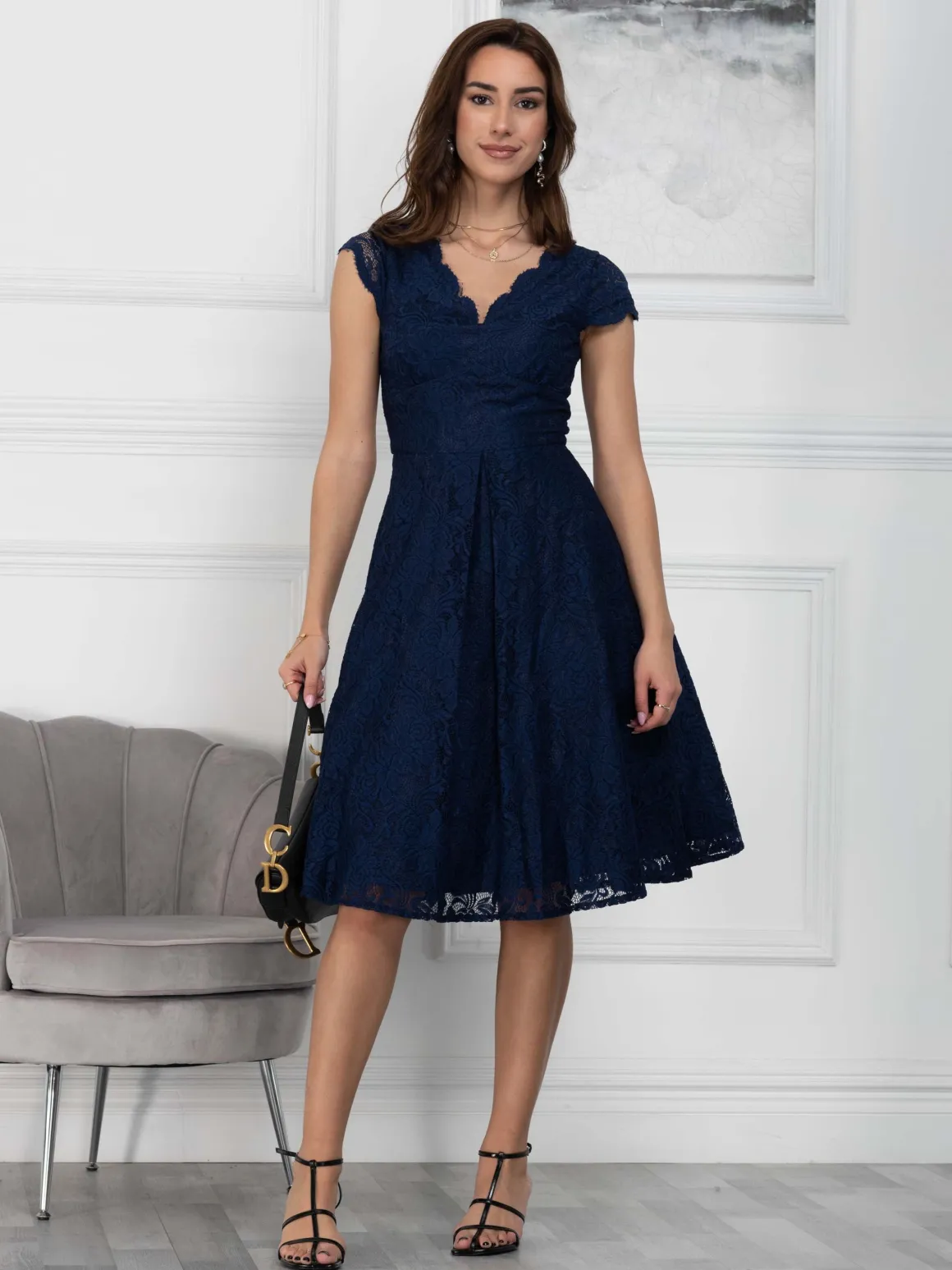 1950s Cap Sleeve Lace Prom Dress, Navy