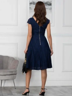 1950s Cap Sleeve Lace Prom Dress, Navy