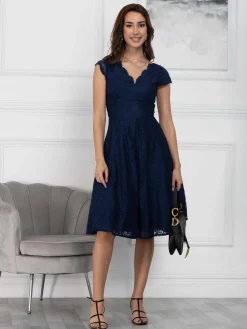 1950s Cap Sleeve Lace Prom Dress, Navy
