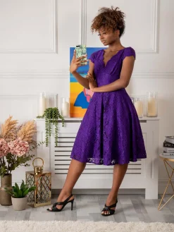 1950s Cap Sleeve Lace Prom Dress, Purple