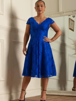 1950s Cap Sleeve Lace Prom Dress, Royal Blue