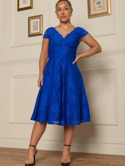 1950s Cap Sleeve Lace Prom Dress, Royal Blue