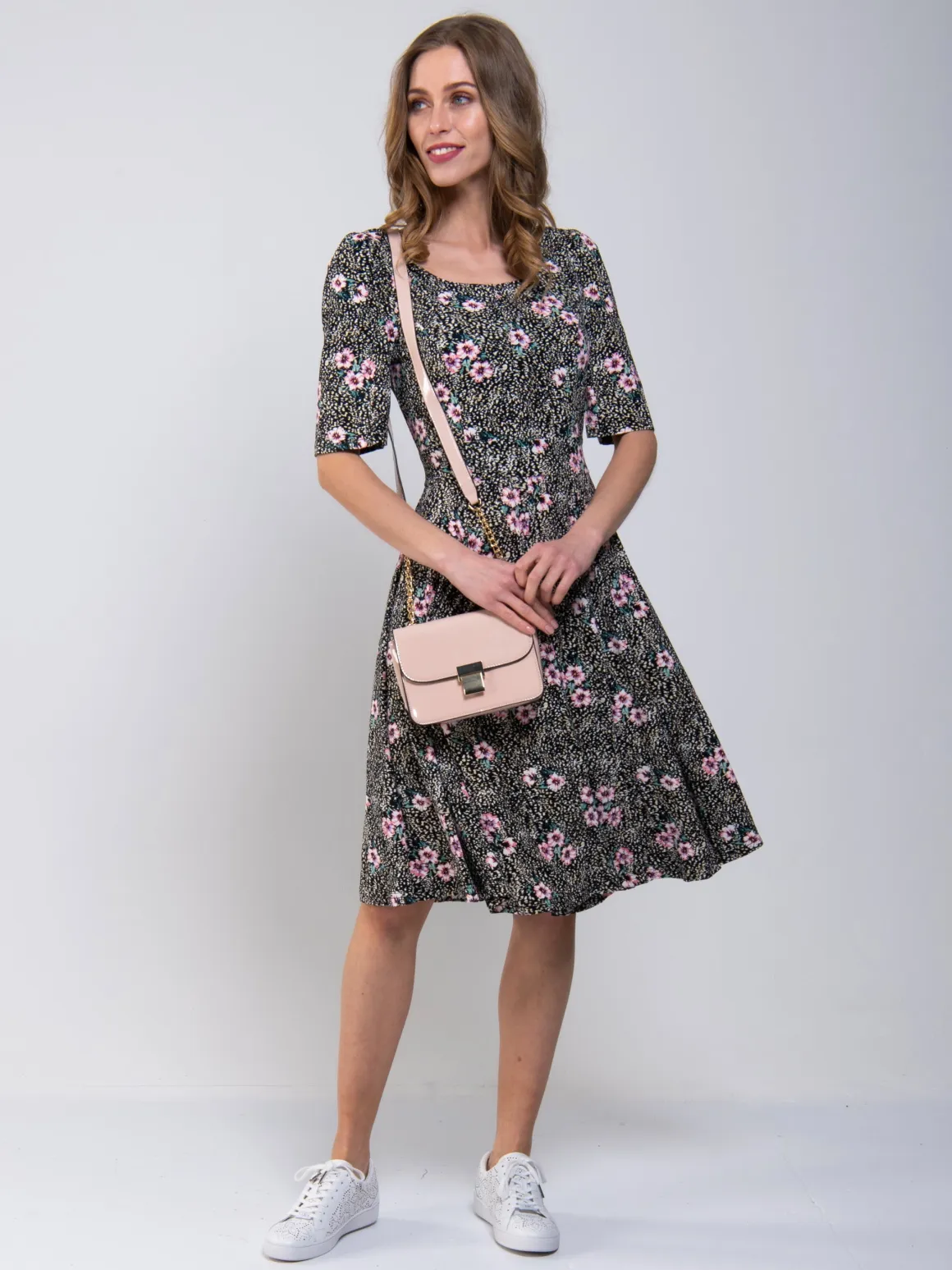 Scoop Neck Swing Jersey Dress, Floral Multi