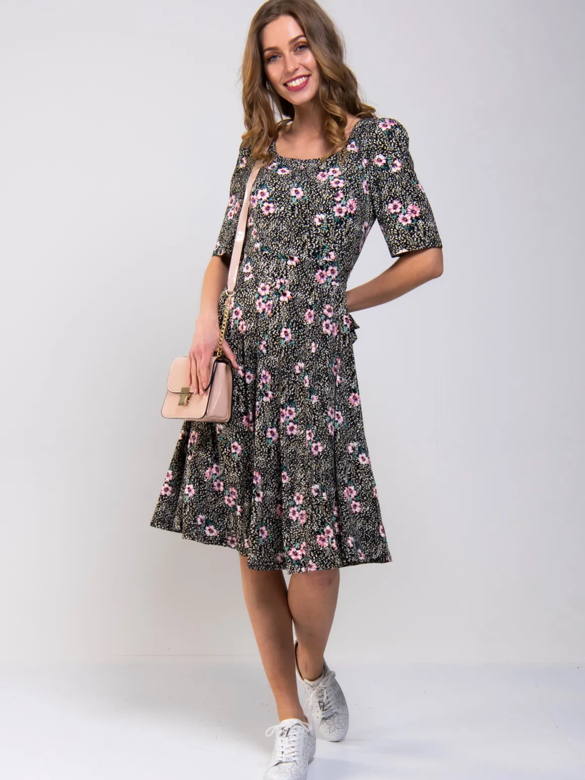 Scoop Neck Swing Jersey Dress, Floral Multi