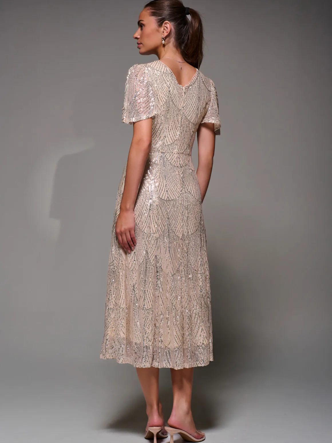 Sequin Angel Sleeve Fit & Flare Midaxi Dress, Beige Silver