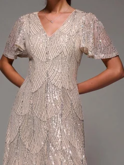 Sequin Angel Sleeve Fit & Flare Midaxi Dress, Beige Silver