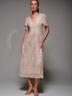 Sequin Angel Sleeve Fit & Flare Midaxi Dress, Beige Silver