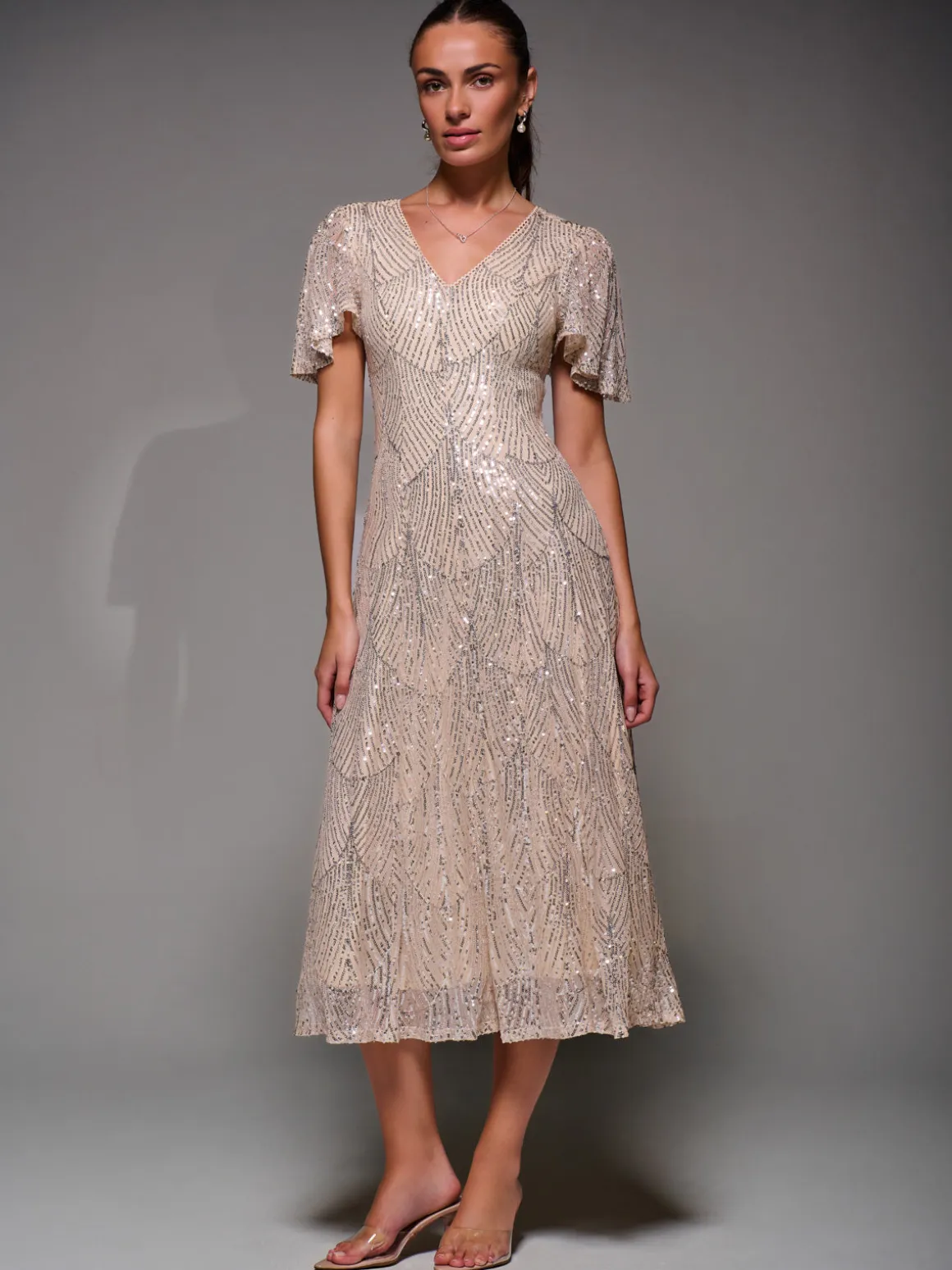 Sequin Angel Sleeve Fit & Flare Midaxi Dress, Beige Silver