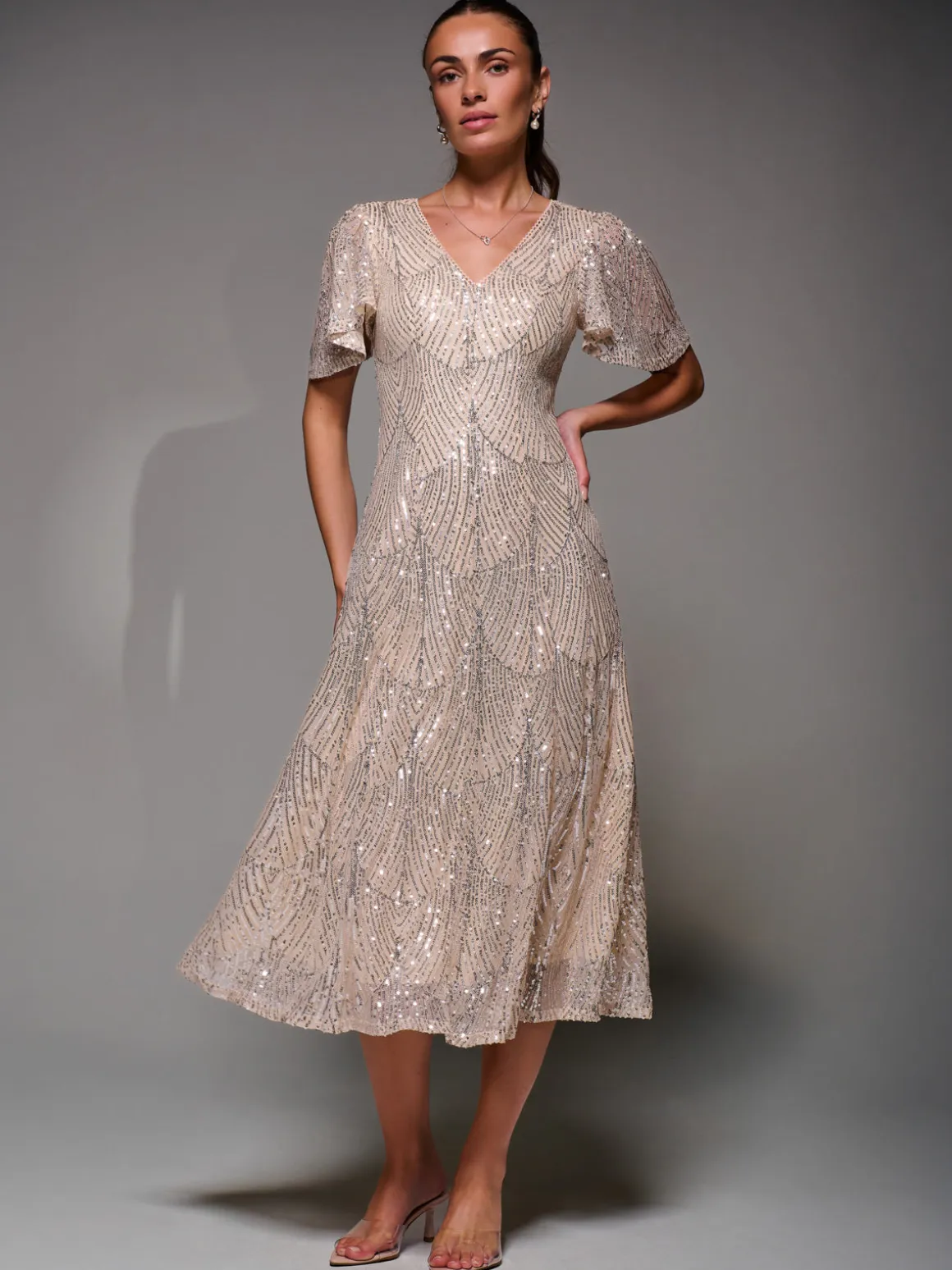 Sequin Angel Sleeve Fit & Flare Midaxi Dress, Beige Silver