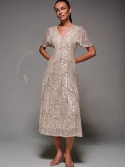 Sequin Angel Sleeve Fit & Flare Midaxi Dress, Beige Silver