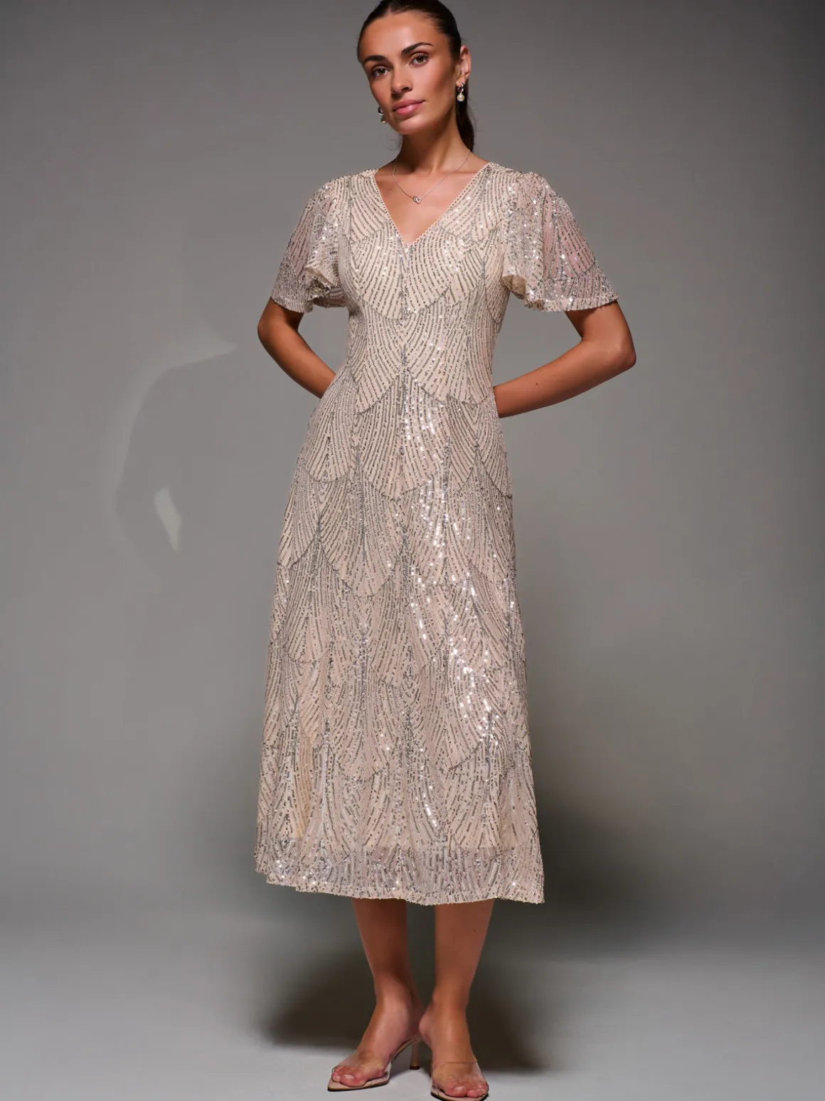 Sequin Angel Sleeve Fit & Flare Midaxi Dress, Beige Silver