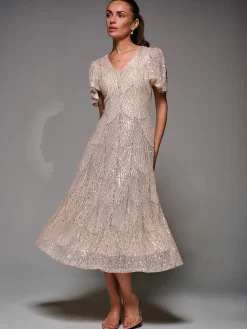 Sequin Angel Sleeve Fit & Flare Midaxi Dress, Beige Silver