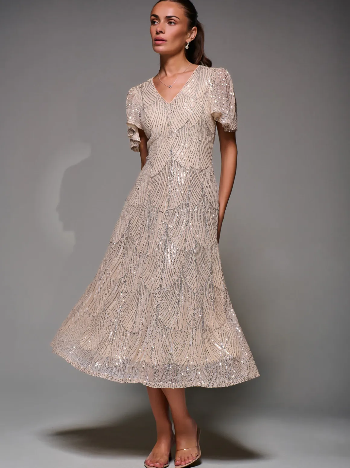 Sequin Angel Sleeve Fit & Flare Midaxi Dress, Beige Silver