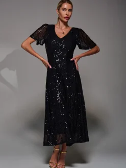 Sequin Angel Sleeve Fit & Flare Midaxi Dress, Black