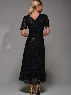 Sequin Angel Sleeve Fit & Flare Midaxi Dress, Black