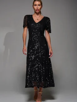 Sequin Angel Sleeve Fit & Flare Midaxi Dress, Black