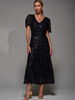 Sequin Angel Sleeve Fit & Flare Midaxi Dress, Black