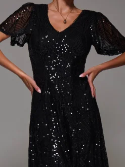 Sequin Angel Sleeve Fit & Flare Midaxi Dress, Black