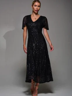 Sequin Angel Sleeve Fit & Flare Midaxi Dress, Black