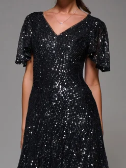 Sequin Angel Sleeve Fit & Flare Midaxi Dress, Black Metallic