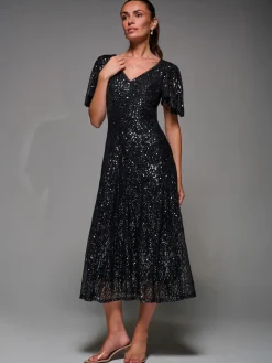 Sequin Angel Sleeve Fit & Flare Midaxi Dress, Black Metallic