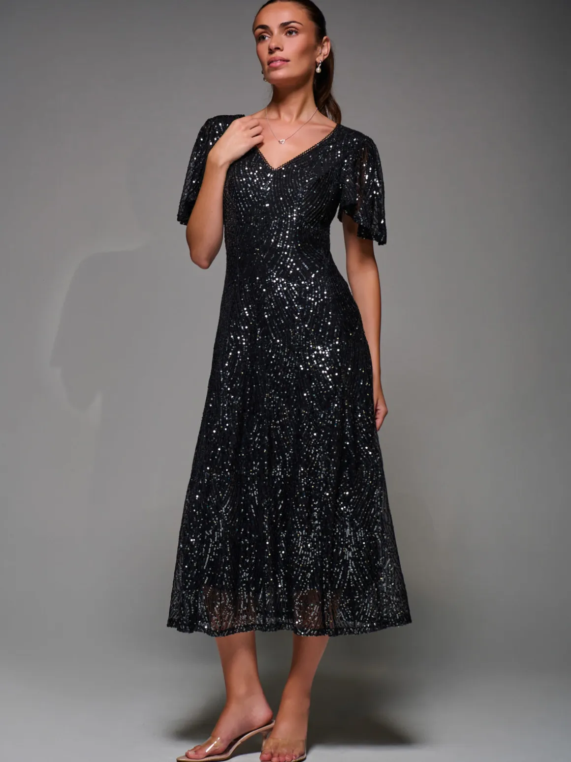 Sequin Angel Sleeve Fit & Flare Midaxi Dress, Black Metallic